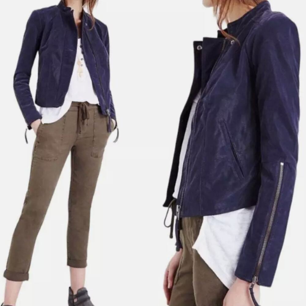NWT Free People Moto Jacket 8 Navy Blue Zippers Stretch Inserts in Sleeves
